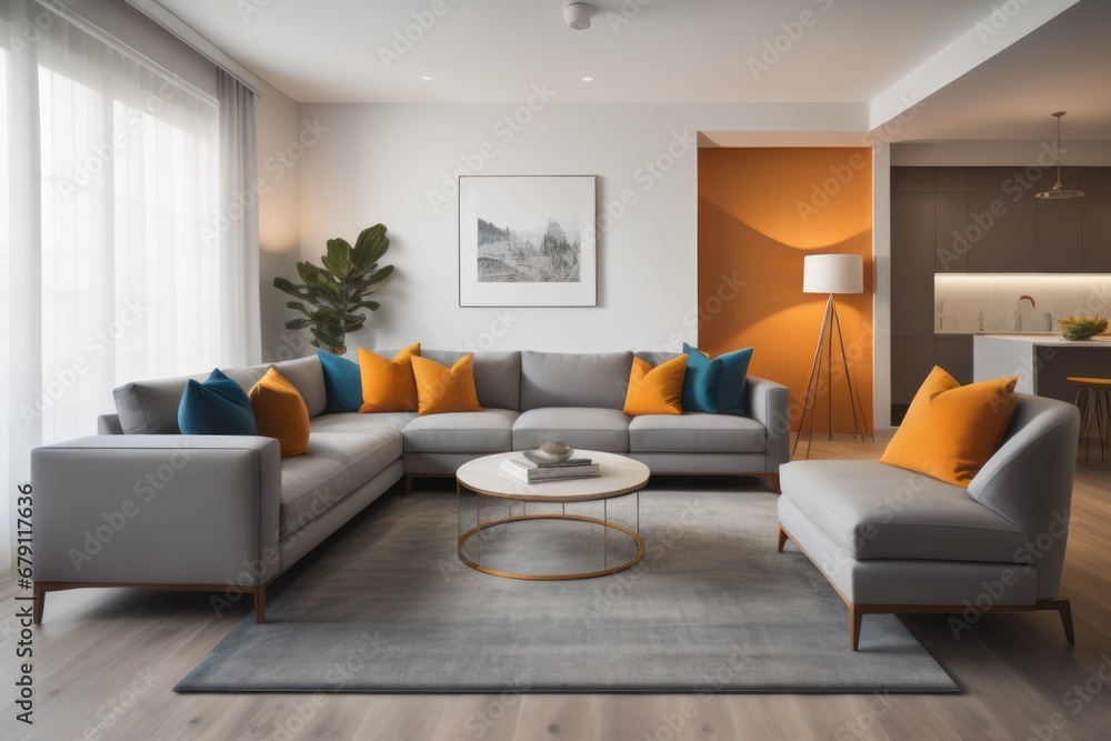 Obraz na płótnie White sofa and armchairs in scandinavian style home interior design of modern living room w salonie