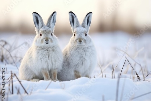 snow hares in sparse snow-covered fields