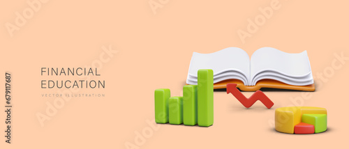 Concept of financial education. Opened book, business arrow up, bar graph, pie chart. Advertising of educational institution, courses, mentors. Horizontal layout with 3D illustration