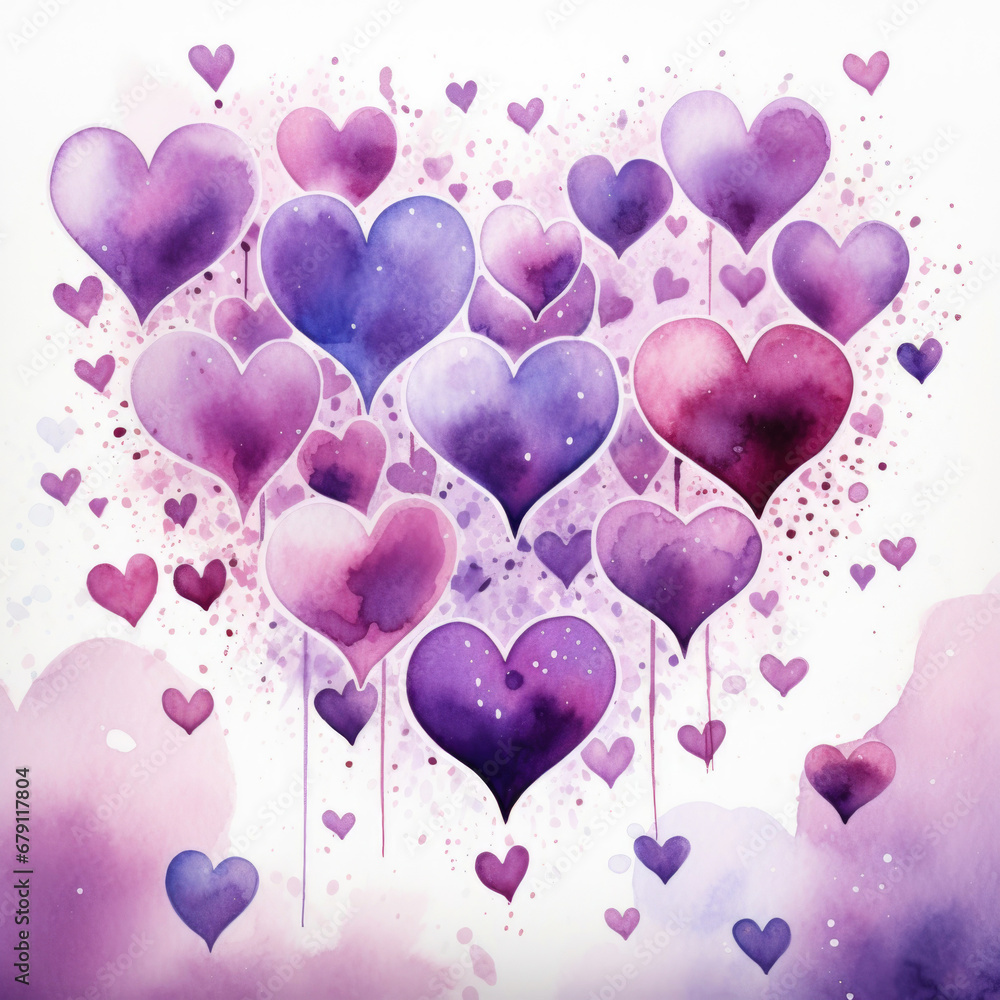 Many violet hearts on white background, watercolor post card for valentine day