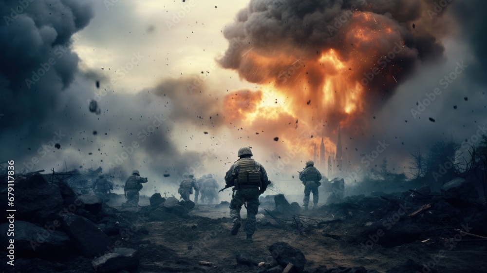 American soldiers on the battlefield Americans attack on the battlefield with explosions. American soldiers on the battlefield Americans attack on the battlefield with explosions.