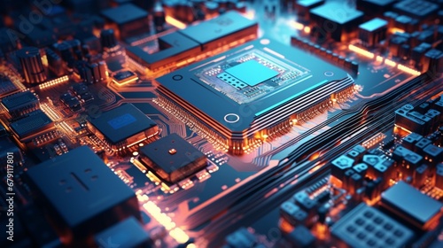 Intricate microchip architecture on a digital motherboard.