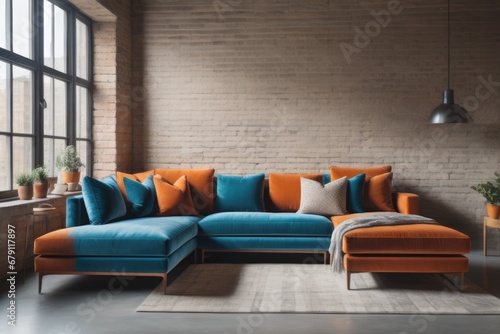 Vivid orange corner velvet sofa near concrete wall with copy space. Minimalist interior design of modern living room © Marko