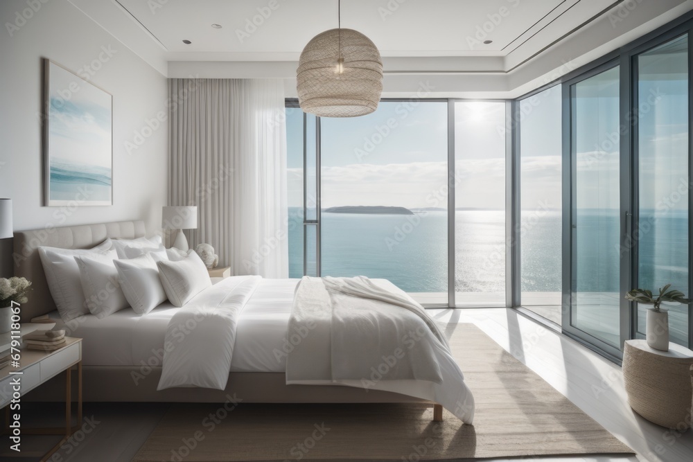 Summer interior background. White pillows on bed against of big window with stunning sea view. Interior design of modern bedroom