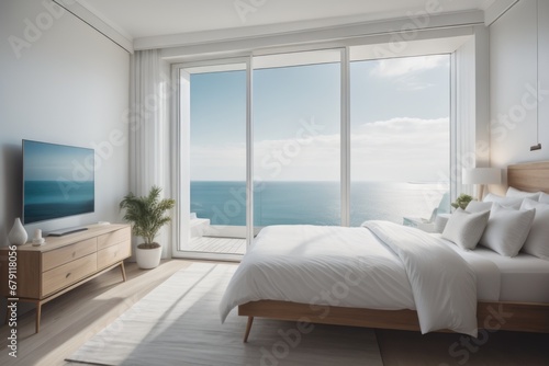 Summer interior background. White pillows on bed against of big window with stunning sea view. Interior design of modern bedroom © Marko