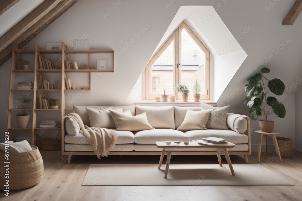 Fototapeta premium Scandinavian home interior design of modern living room in attic with lining ceiling