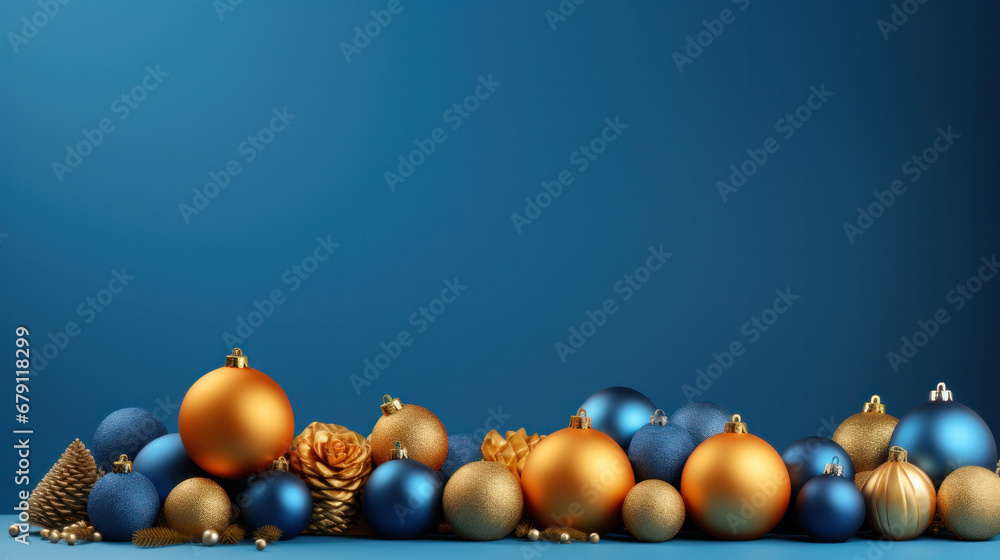 Row of color christmas balls hanging on strings over blue background - obrazy, fototapety, plakaty 