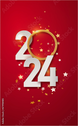 Happy new year 2024 design illustration of paper numbers on red background. Simple design happy new year 2024. Vector