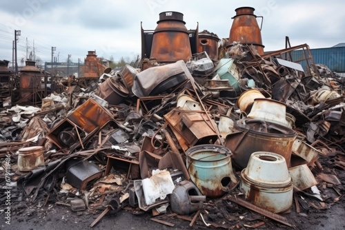 scrapped industrial kitchen appliances in a metal scrapyard photo