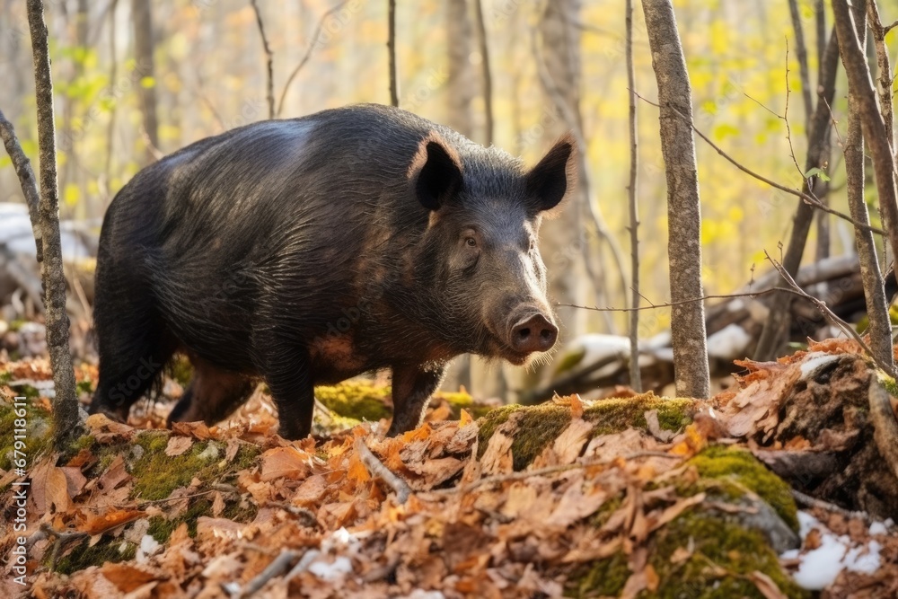 wild boar foraging in a forest during day time wild boar foraging in a forest during day time
