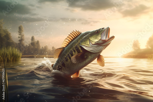Large mouth bass jumping out of the water photo