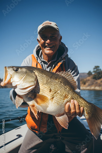Happy fisherman holding a huge fish