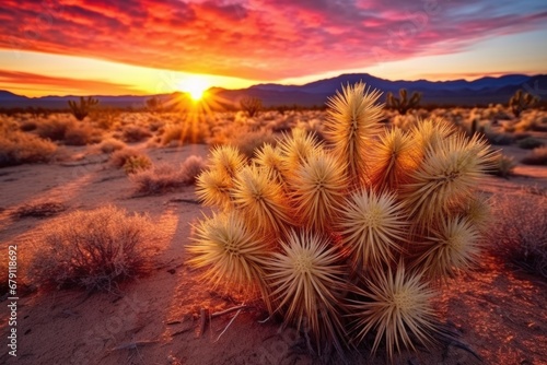 a vivid sunset illuminating a desert cactus