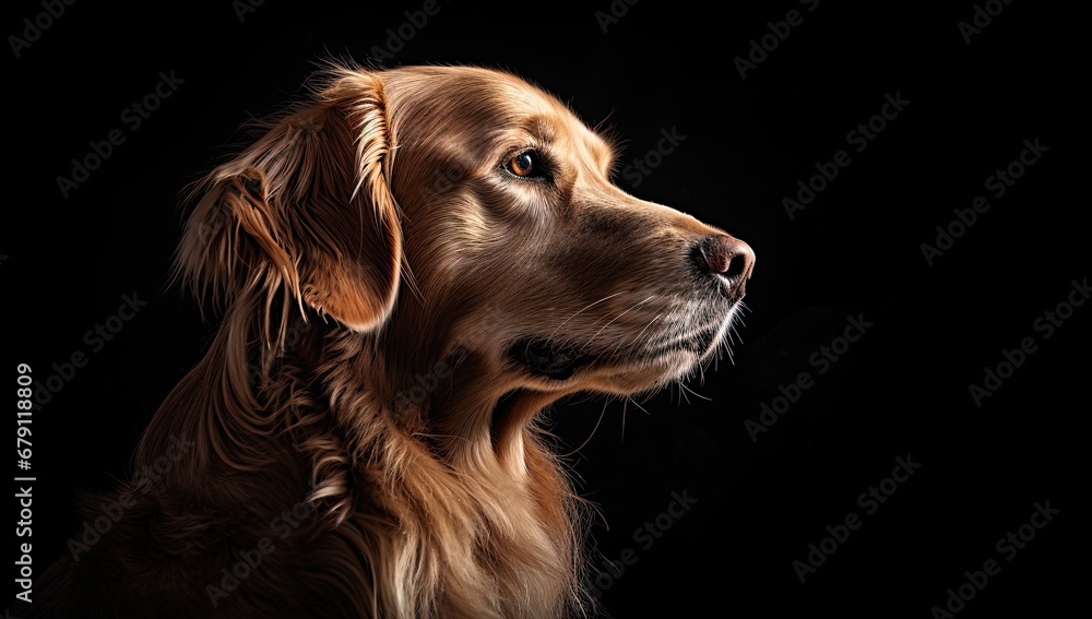 Golden Retriever profile in a stark contrast of light and shadow.