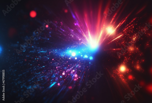 Blur sparks. Color rays. Night firework. Defocused red blue glowing circles light beams radiance flare motion on dark black art illustration abstract background.
