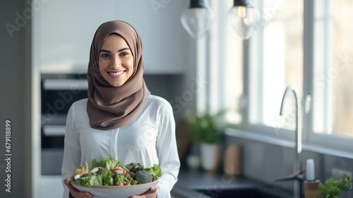 Arab woman standing in modern kitchen holding salad bowl and smile for the camera