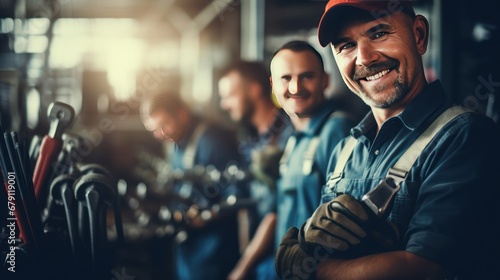 A team of plumbers stands looking at the camera behind a background of a tool cabinet.