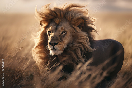 Majestic male lion in the wild, wind in his mane photo
