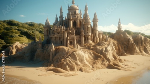 Sand Castle on Beach. Created with Generative AI.  © lchumpitaz