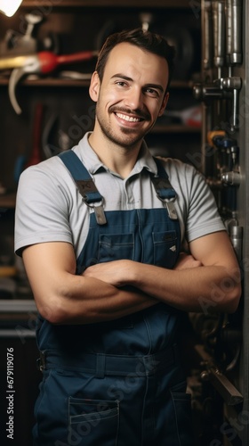 A young plumber stands smiling behind a tool cabinet.