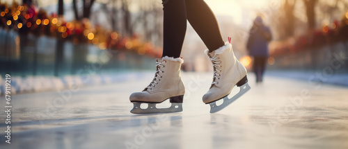 Close-up of ice skater s boots on frozen pond ice rink  winter sunset festive bokeh background