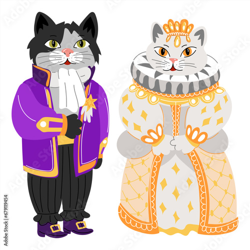 A cat and a cat in retro costumes for the ball. Outfits of the queen and the messenger of the 19th century. Ballroom outfits. Animals in ballroom dresses on a white background