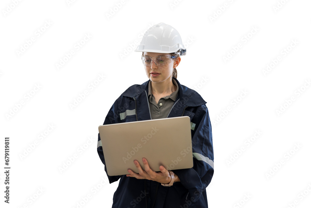 Female engineer worker wearing safety uniform and helmet working with laptop computer for control machinery on white background Female engineer worker wearing safety uniform and helmet working with laptop computer for control machinery on white background