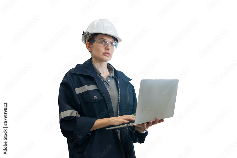 Female engineer worker wearing safety uniform and helmet working with laptop computer for control machinery on white background Female engineer worker wearing safety uniform and helmet working with laptop computer for control machinery on white background