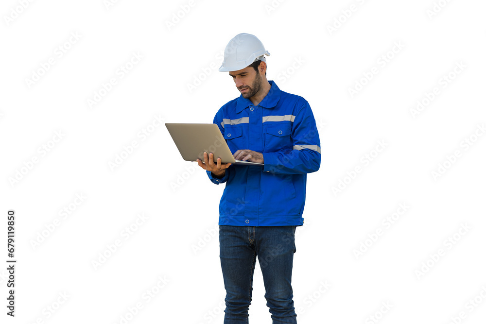 Male engineer worker wearing safety uniform and helmet working with laptop computer on white background