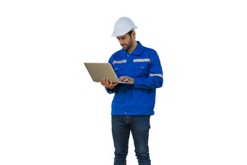Male engineer worker wearing safety uniform and helmet working with laptop computer on white background