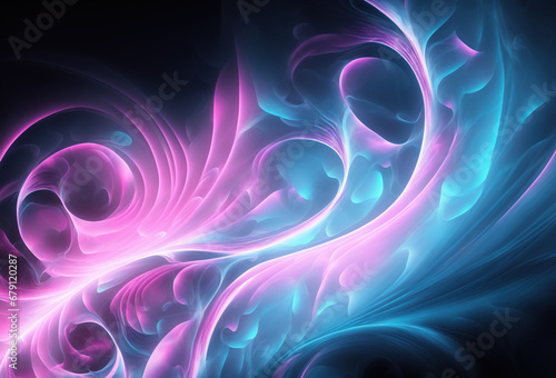 Smoke swirl. Neon curves. Defocused pink blue color glowing twisted curl layers mist texture graphic design on dark black art illustration abstract background.