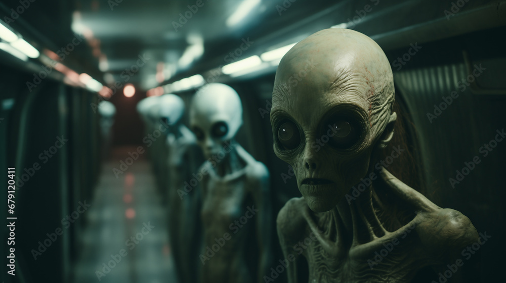 Emaciated aliens in a dimly lit cold dark spaceship prison cell corridor, extraterrestrial prisoners onboard a Terran military frigate - abnormally thin and malnourished, science fiction concept. Emaciated aliens in a dimly lit cold dark spaceship prison cell corridor, extraterrestrial prisoners onboard a Terran military frigate - abnormally thin and malnourished, science fiction concept.