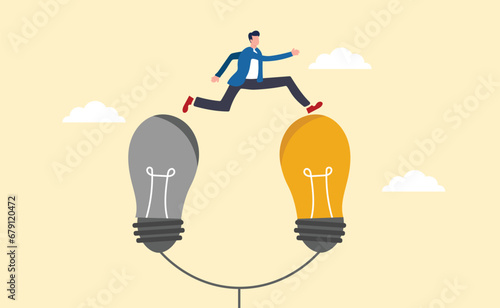 Smart businessman jump from old to new shiny lightbulb idea. Business transformation, change management or transition to better innovative company, improvement and adaptation to new normal concept.