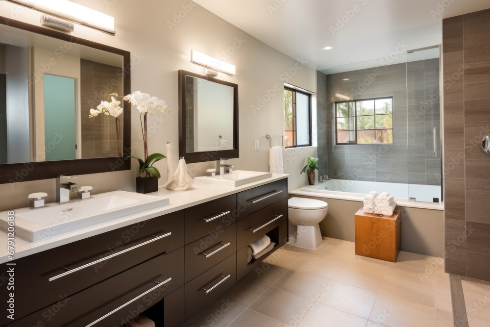 modern bathroom with offset vanity and mirrors modern bathroom with offset vanity and mirrors
