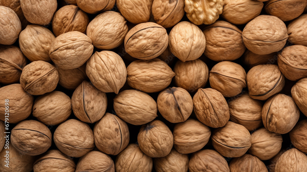 Walnuts in shell, close-up view. Nut background. Generative AI. Walnuts in shell, close-up view. Nut background. Generative AI.