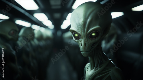 Emaciated aliens in a dimly lit cold dark spaceship prison cell corridor, extraterrestrial prisoners onboard a Terran military frigate - abnormally thin and malnourished, science fiction concept.   photo