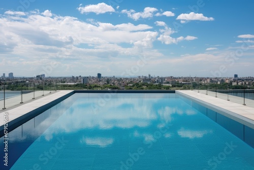 infinity pool on the rooftop of a concrete building with glass railings © altitudevisual