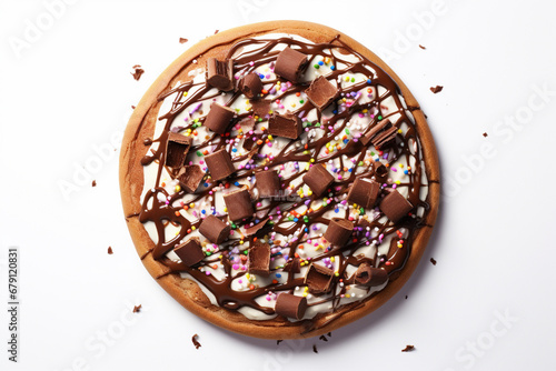 Studio photo of an chocolate pizza on a white background. Generative AI.
