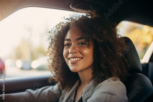 Portrait of a beautiful smiling woman in a car looking out of the window. Generative AI. photo