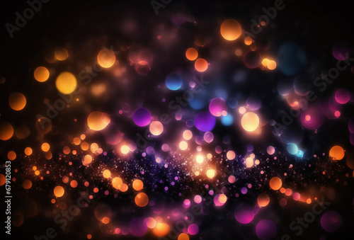 Bokeh light texture. Blur glowing circles. Defocused neon purple orange blue color shiny round bubbles on dark black art illustration abstract background.