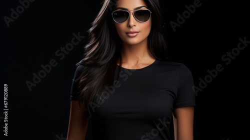 Stylish brunette woman in black t-shirt and glasses on black background Fashionable portrait