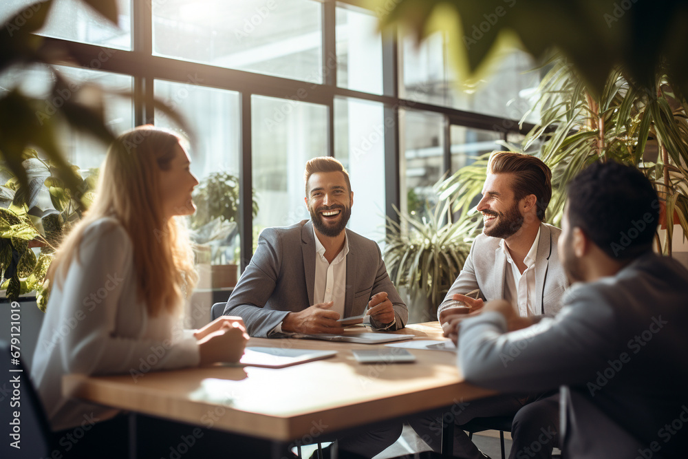 Smiling business colleagues discussing something while working at office. Generative AI. Smiling business colleagues discussing something while working at office. Generative AI.