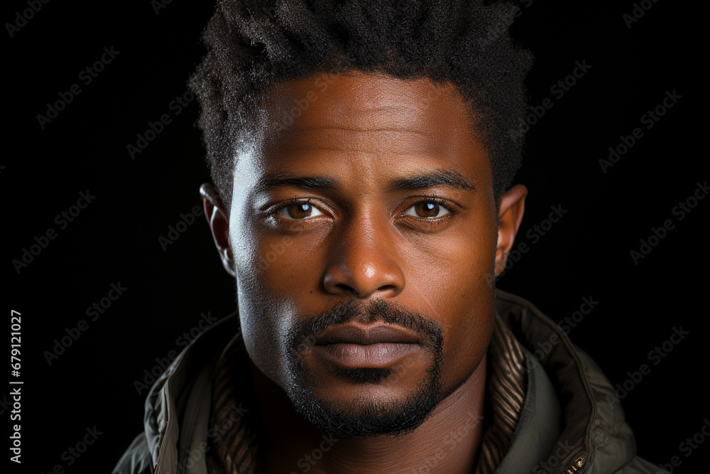 Handsome intense eyes headshot from an afro man on dark background. Generative AI.