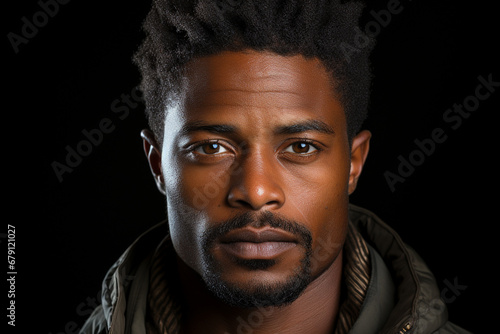 Handsome intense eyes headshot from an afro man on dark background. Generative AI. photo