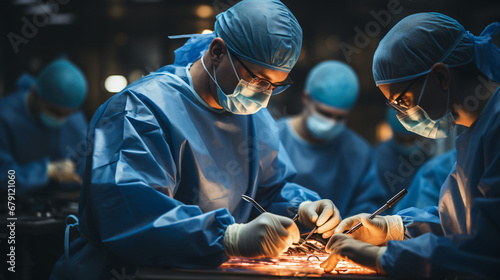 Doctors in blue protective clothing stand at the operating table with tools in their hands and operate photo