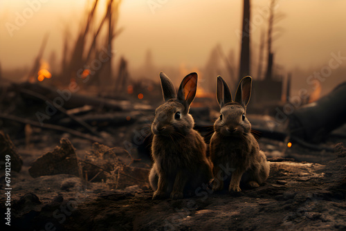 The forest after the fire. Trees were burning.
Forest fires and animals. pollution. Rabbits in a burnt forest. Climate change concept photo