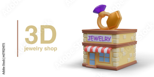 Placard with shop selling jewelry. 3d realistic store on white background and place for text. Sale of expensive jewelry concept. Vector illustration in 3d style