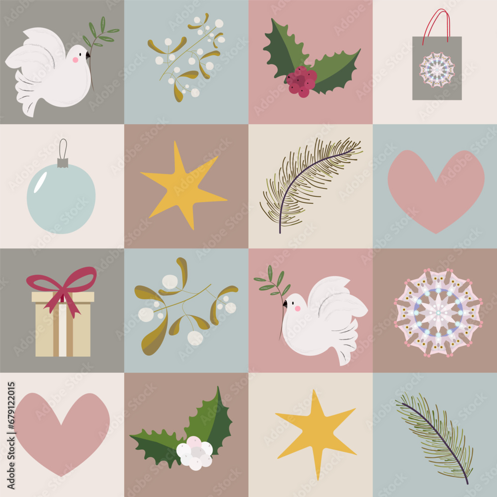 Peaceful Christmas pattern. Vector endless geometric pattern in calm pallet, the dove of peace, heart, pine branch, gift, mistletoe. For holiday gift cards, wrapping paper, scrapbook paper.