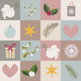 Peaceful Christmas pattern. Vector endless geometric pattern in calm pallet, the dove of peace, heart, pine branch, gift, mistletoe. For holiday gift cards, wrapping paper, scrapbook paper.