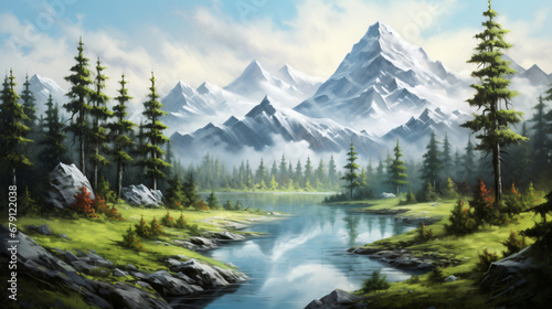 A beautiful painting depicting a serene mountain lake © Ghazanfar